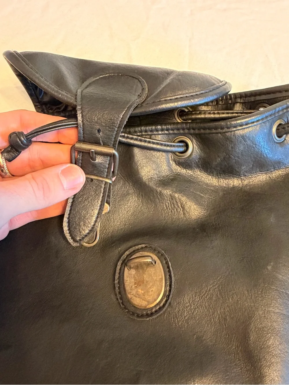 Du Monde Black Leather Cinch Top Backpack Full Size Commuter Travel